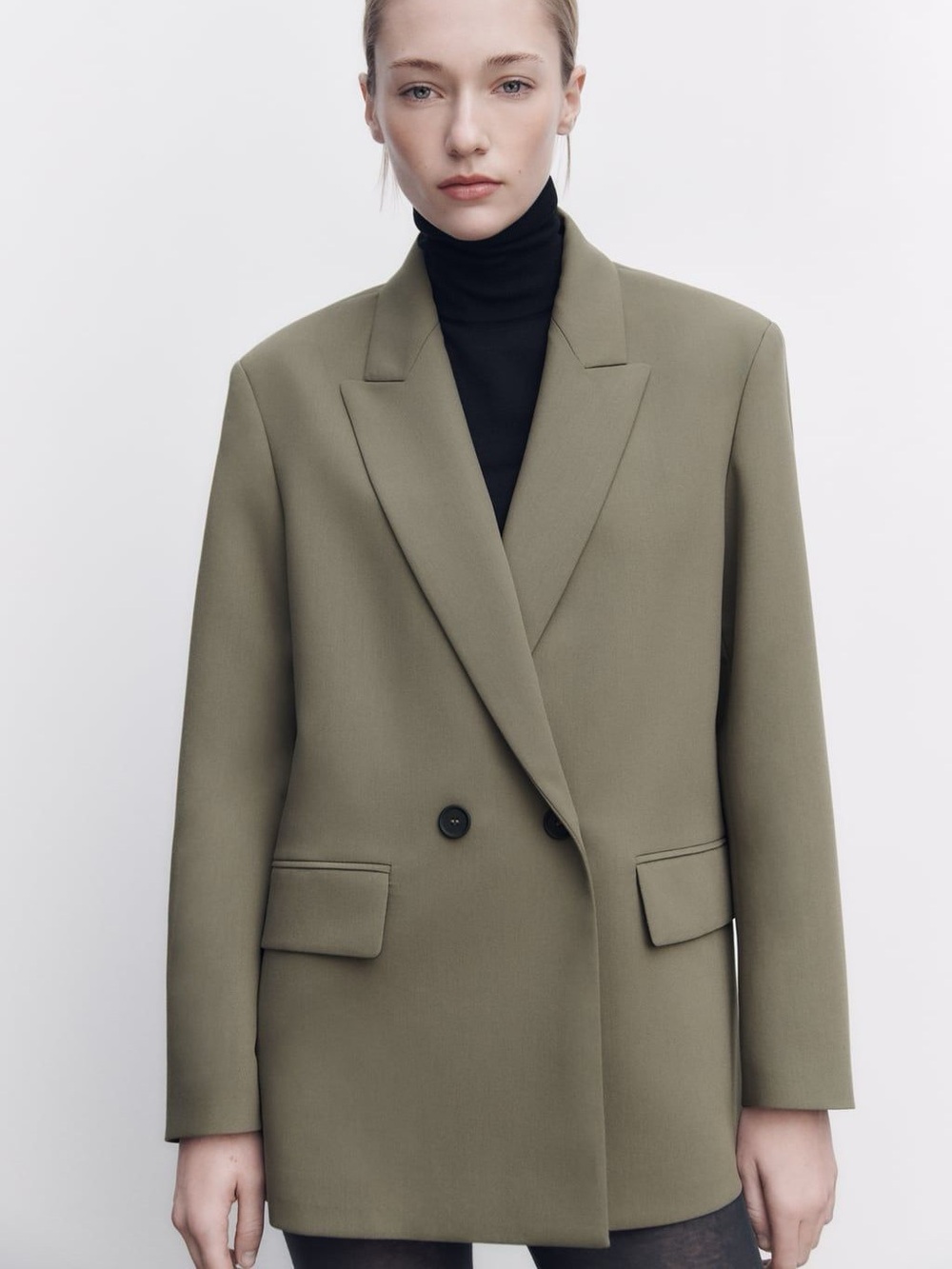 Zara Double Breasted Oversized Khaki Army Green Blazer